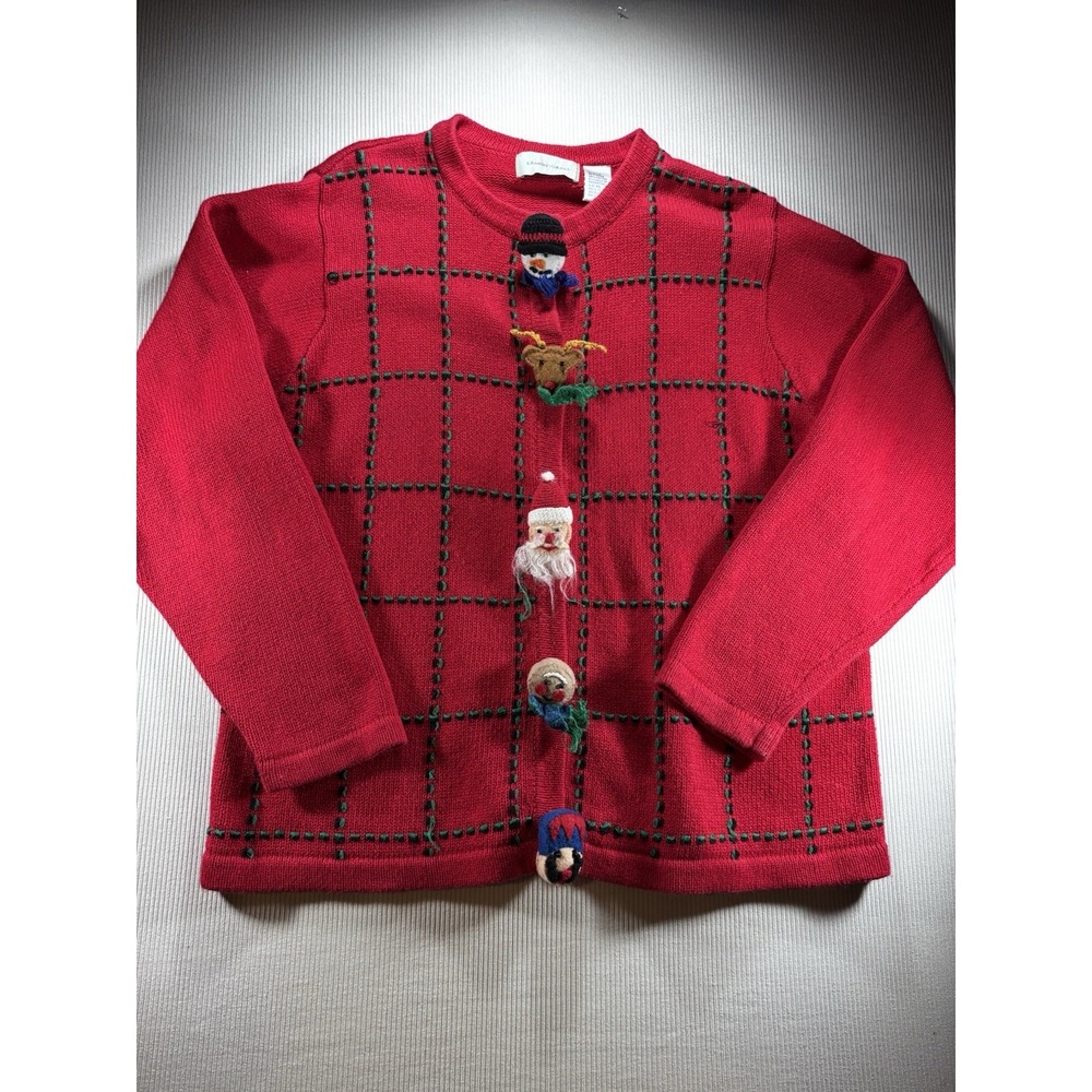 Vintage‎ Lemon Grass Ramie Cotton Christmas Sweater Cardigan Covered Buttons XL